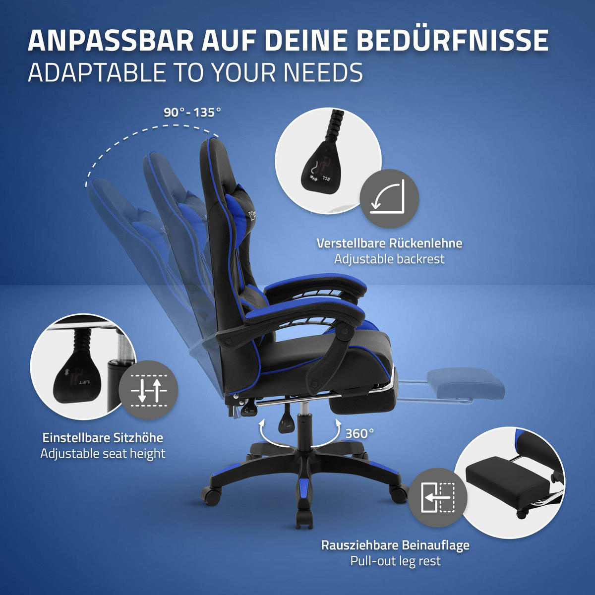 GAMING STUHL Schwarz-Blau aus Kunstleder - Blau/Schwarz, Kunststoff/Metall (62/119/62cm) - ML-DESIGN