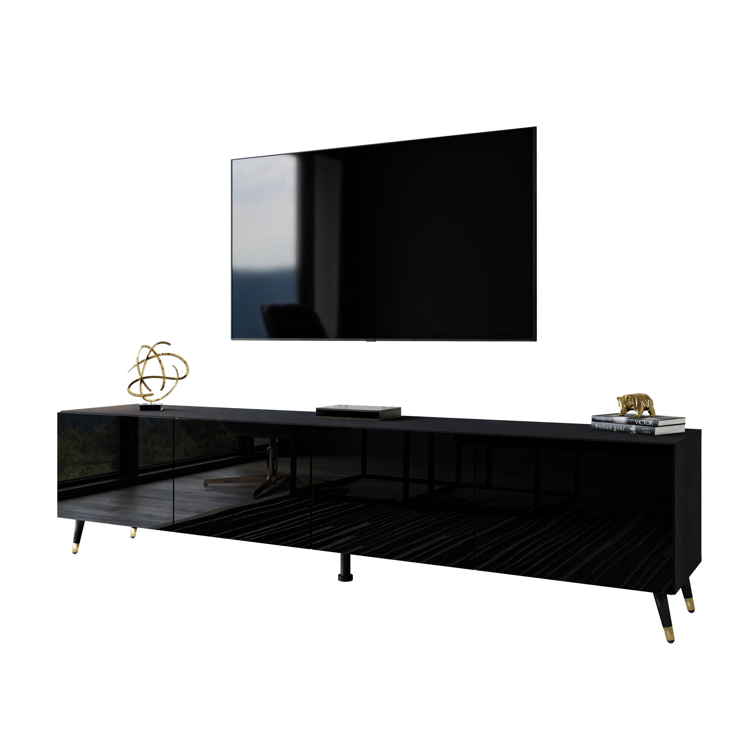 TV-ELEMENT AURA 200 Schwarz Hochglanz – Beinfarbe: Schwarz + Gold - Schwarz, Holzwerkstoff (200/48/40cm) - Lookway