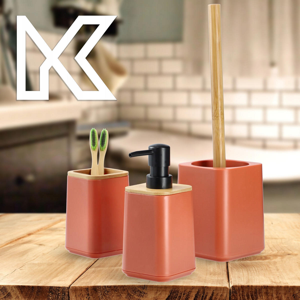 BADEZIMMERSET Seifenspender + Badezimmerbecher + Toilettenbürste, rosa - Rosa, Kunststoff (9/32cm) - KADAX