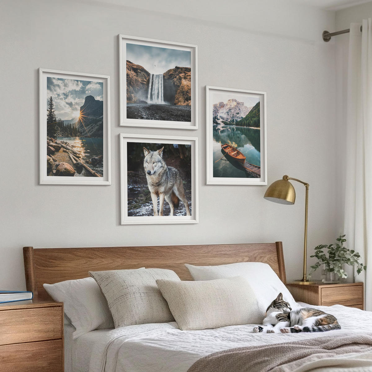 WANDBILDER 4er-Set - 50x50 cm & 40x60 cm Weißer Rahmen - Berge, Seen, Wasserfall, Wolf - Weiß, Kunststoff (50/50cm) - ArtPrintCave