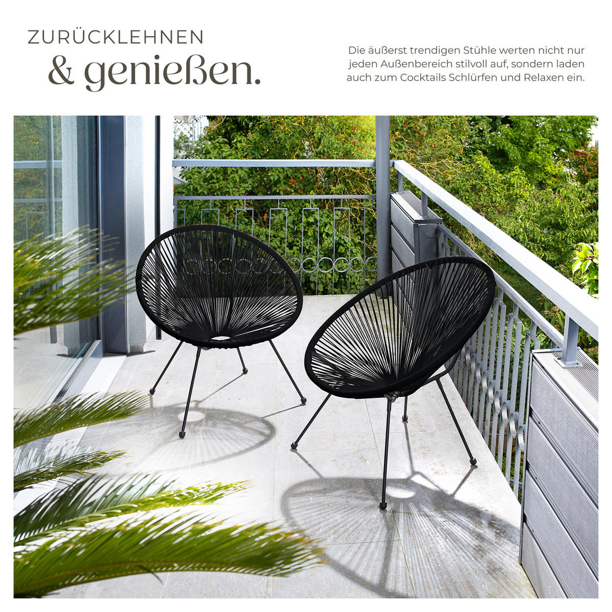 GARTENSTUHL 2er Set Santana,Belastbarkeit 120 kg, 70,5 x 69 x 78 cm,schwarz - Schwarz, Metall (70.5/78/69cm) - tectake