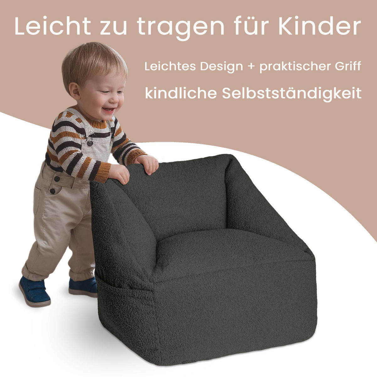 SITZSACK-SESSEL Bambino 55/60/55 cm, weicher Cord 380 g/m², mit Griff & Seitentasche, Dunkelgrau - Dunkelgrau, Textil (55/55/60cm) - Dreamroots