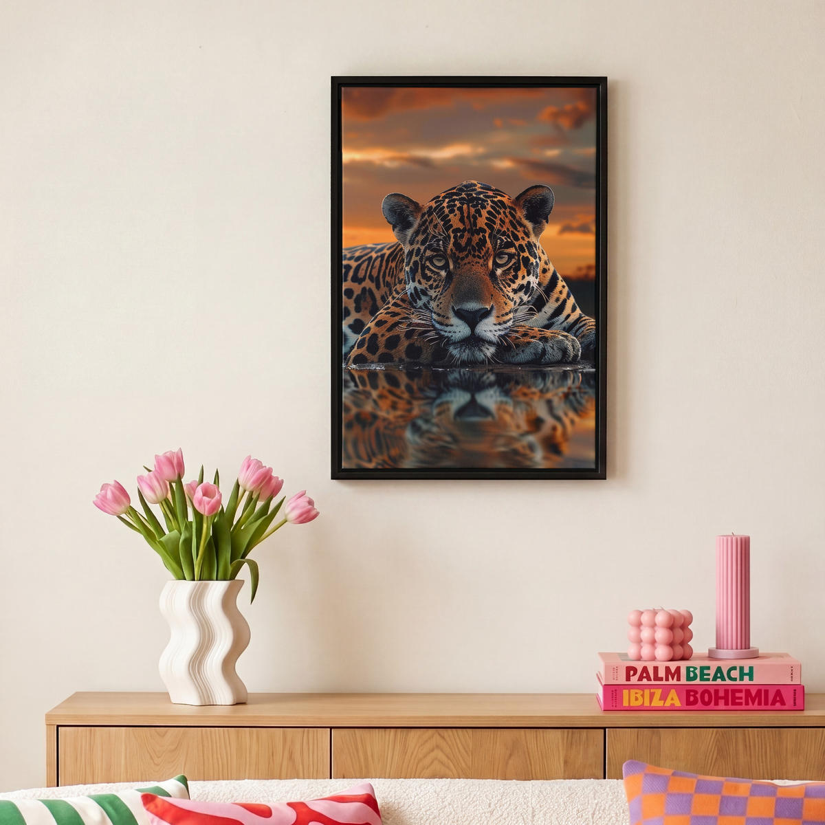 LEINWAND Bilder mit Rahmen - Natur - Leopard - Tier - Sonnenuntergang - Modern - 20x30 - Orange, Textil (20/30cm) - MuchoWow