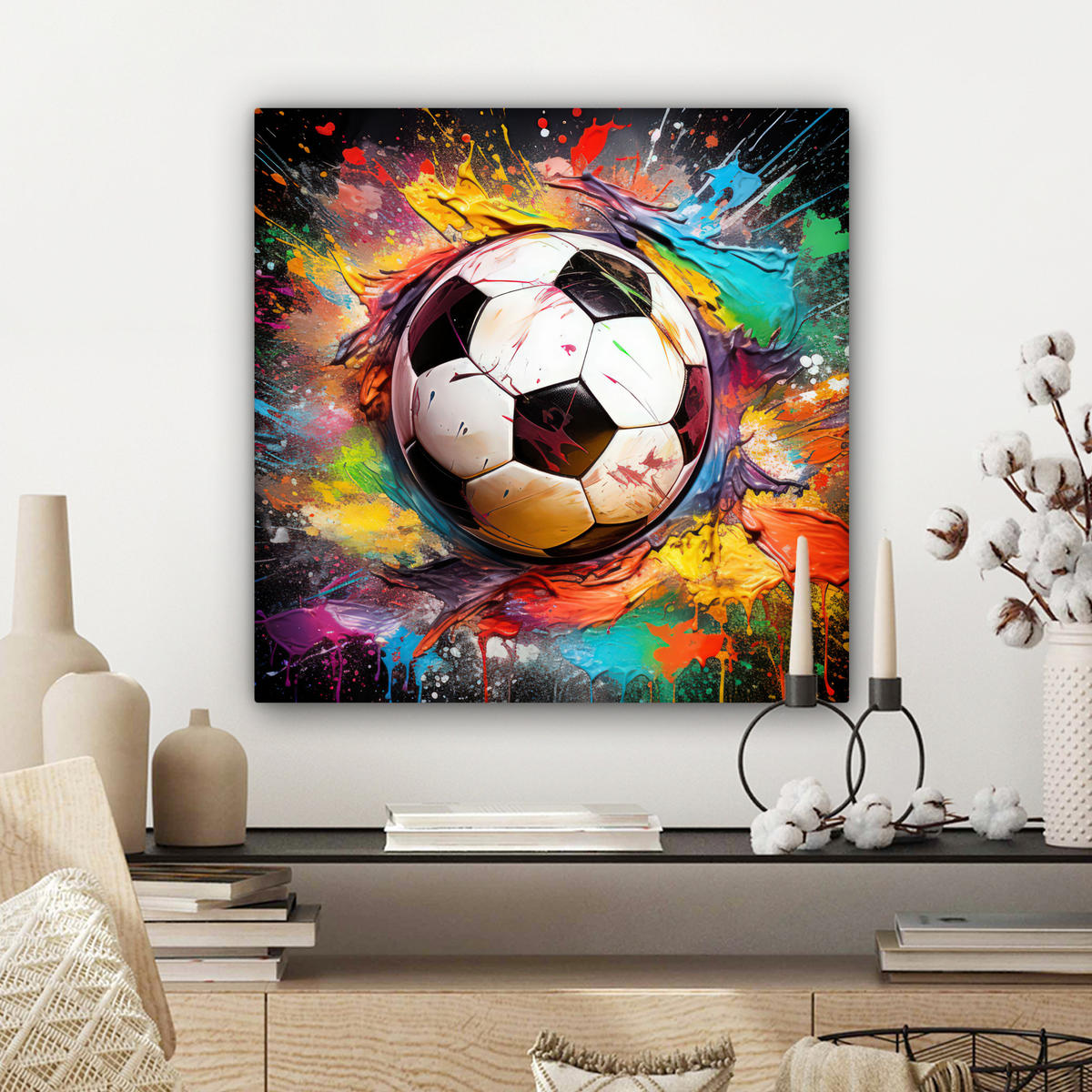 LEINWANDBILD Fußball - Farbe - Farben - Schwarz - Weiß Wandbild Wohnzimmer 50x50 cm - Weiß, Textil (50/50cm) - MuchoWow