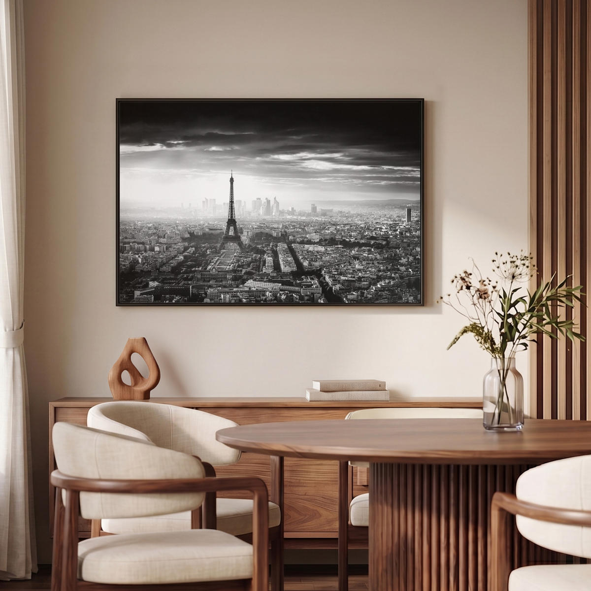 LEINWAND Bilder mit Rahmen - Paris - Skyline - Eiffelturm - Stadt - Wolken - 90x60 - Dunkelgrau, Textil (90/60cm) - MuchoWow
