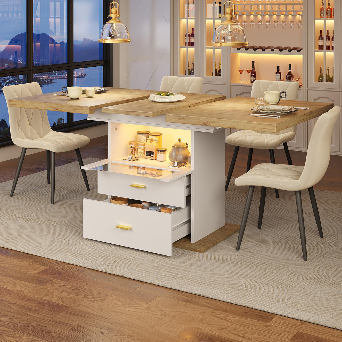 ESSTISCH in Holzoptik Ausziehbarer Küchentisch mit Stauraum und LED, für Küche & Esszimmer - Weiß, Holzwerkstoff (80/110/75cm) - STILVORA