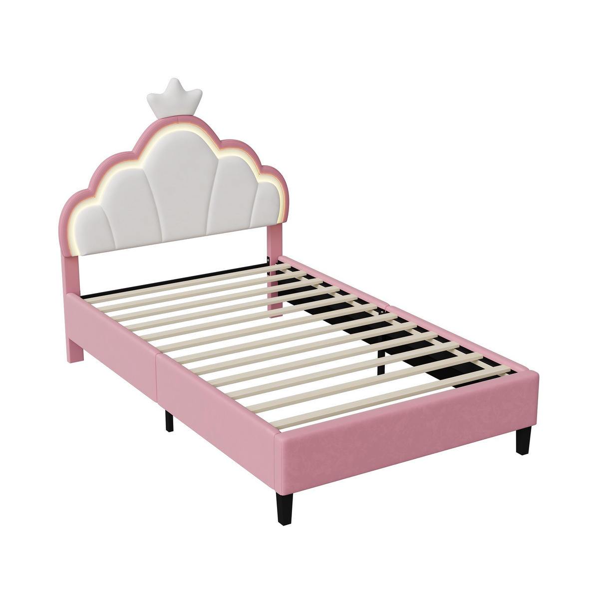 POLSTERBETT Kinderbett 90x200cm Kronen-Design LED-Beleuchtung Samt Rosa & Weiß - Rosa, Textil (90/200cm) - DELFA