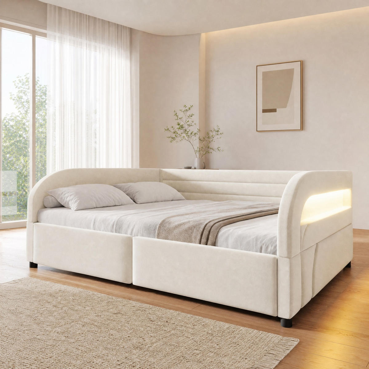 POLSTERBETT 140/200 cm in Beige mit Bettkasten, LED und Stauraum - Beige, Holzwerkstoff/Textil (140/200cm) - CHICFURN