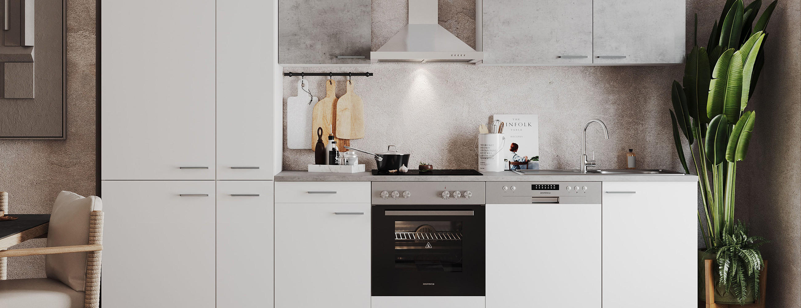 Helle Komplettküche mit stylishen Möbeln sowie hochwertigen Elektrogeräten von vorne.