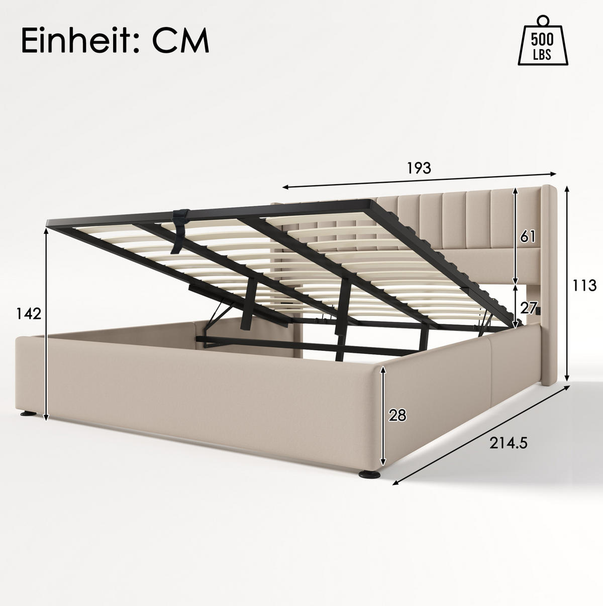 POLSTERBETT 180/200 cm mit hydraulischem Bettkasten, gepolstertem Kopfteil und Leinenbezug, Beige - Beige, Textil (180/200cm) - Redom