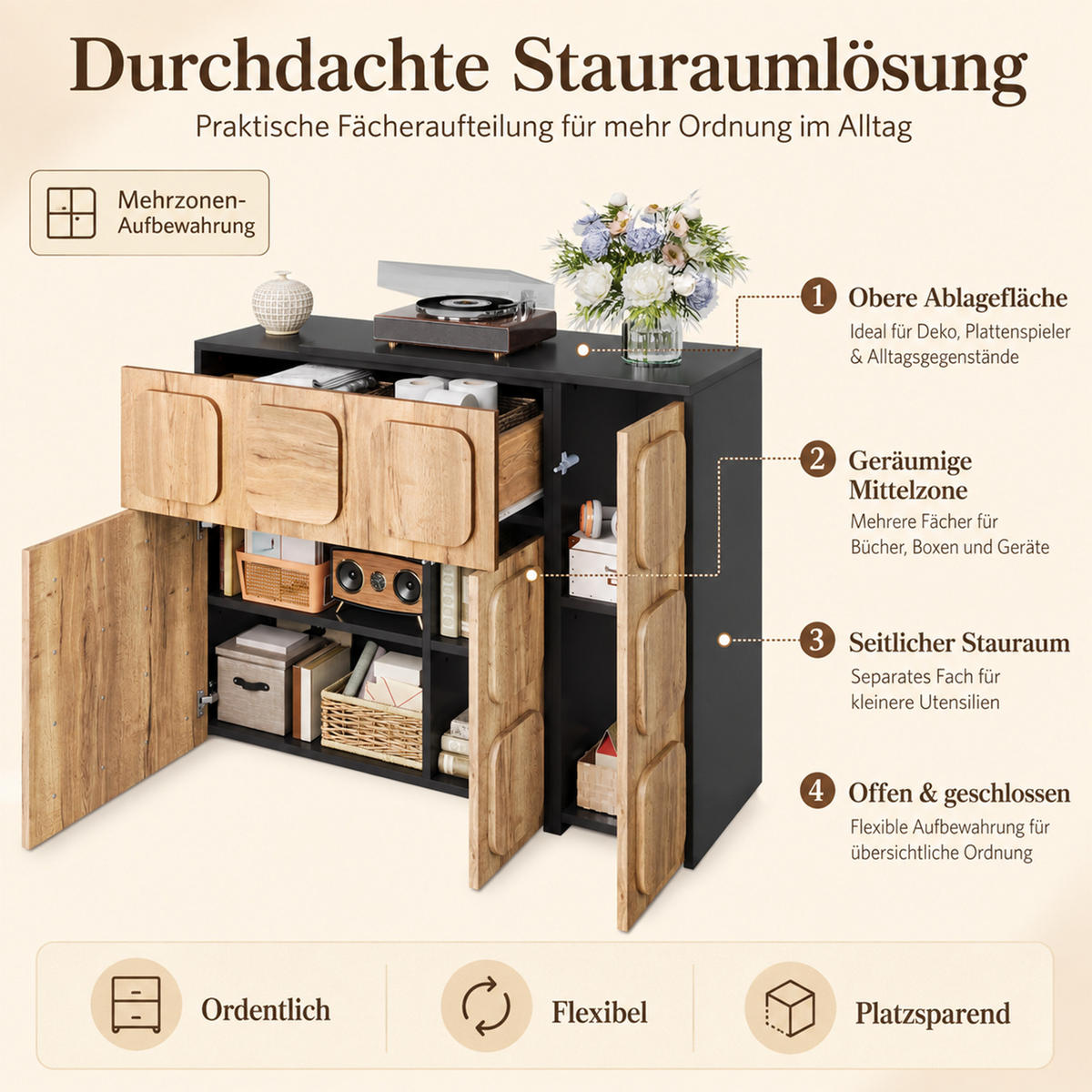 SIDEBOARD mit 3D-Front, flexible/L-Form, 3 Türen 1 Schublade, Holzoptik, Schwarz - Schwarz, Holzwerkstoff (107.5/83.5/35cm) - LVHOM