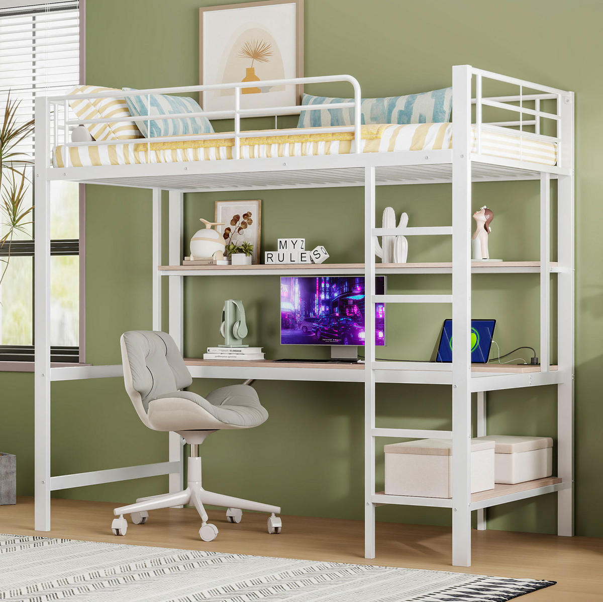 HOCHBETT 90/200 cm mit Schreibtisch, Regal, LED, USB und Steckdose, Metall/MDF, Weiß - Weiß, Metall (90/200cm) - Redom