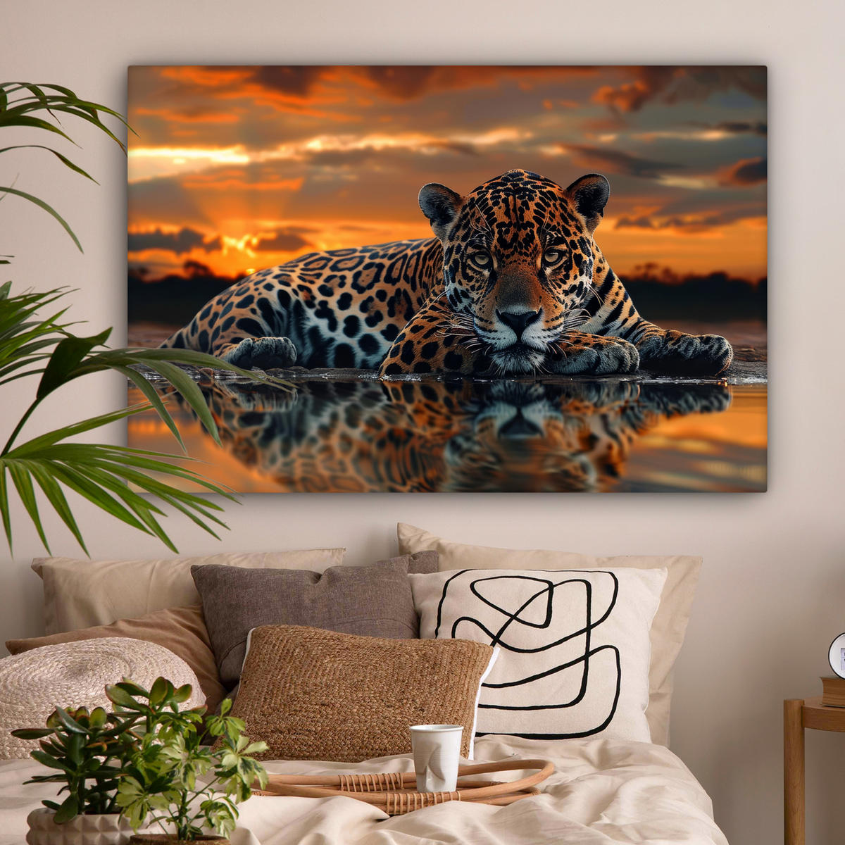 LEINWANDBILD Natur - Leopard - Tier - Sonnenuntergang - Modern Groß 140x90 cm - Orange, Textil (140/90cm) - MuchoWow