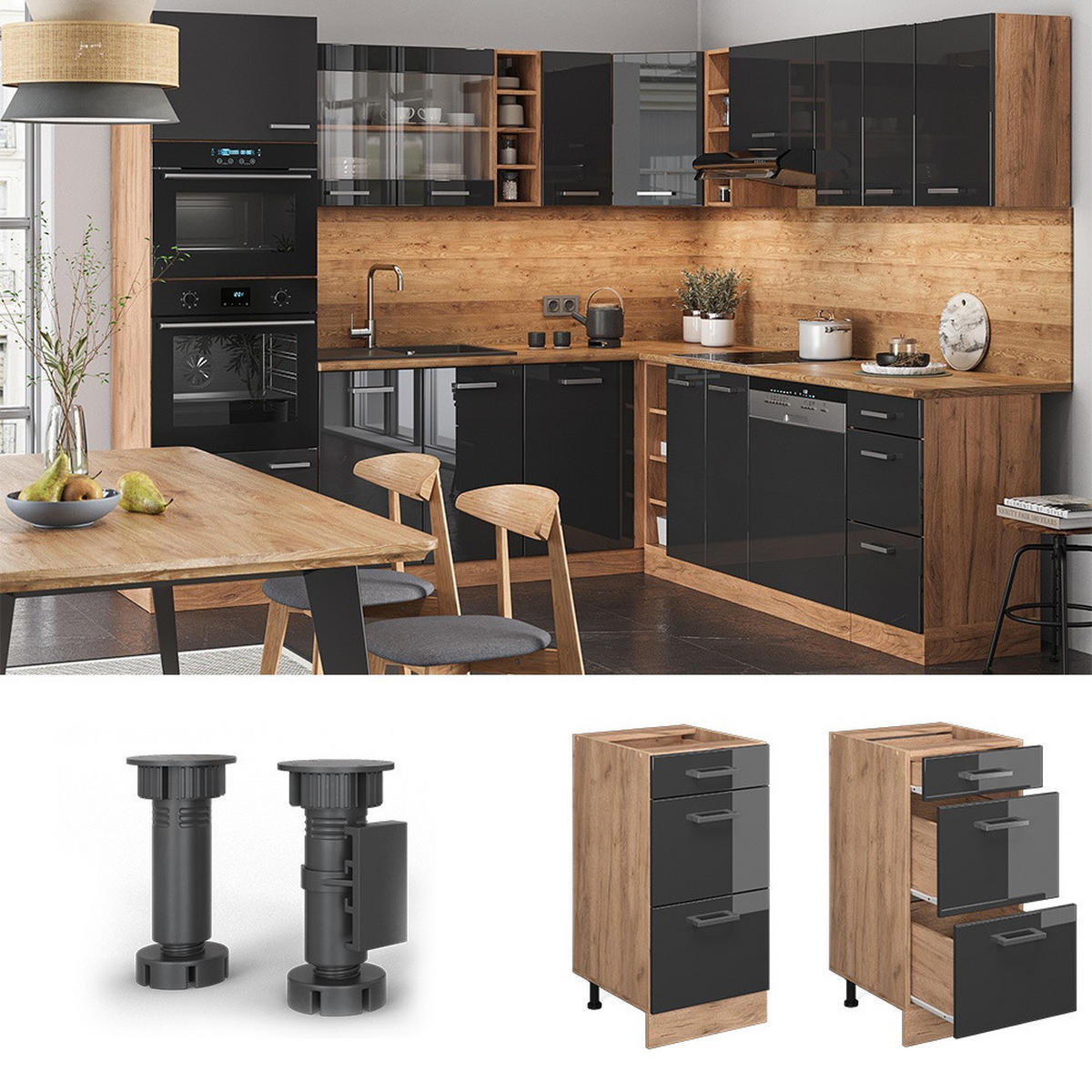 KÜCHENUNTERSCHRANK R-Line Anthrazit Hochglanz 40 cm mit Schubladen, AP Eiche - Honigeiche/Schwarz Hochglanz, Holzwerkstoff (40/81.6/60cm) - Vicco