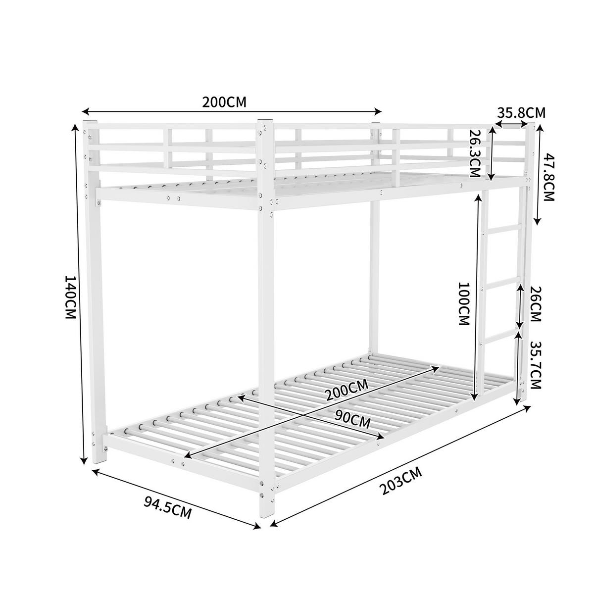 ETAGENBETT 90/200 cm Metall Weiß mit Sicherheitsleisten - Weiß, Metall (90/200cm) - OKWISH