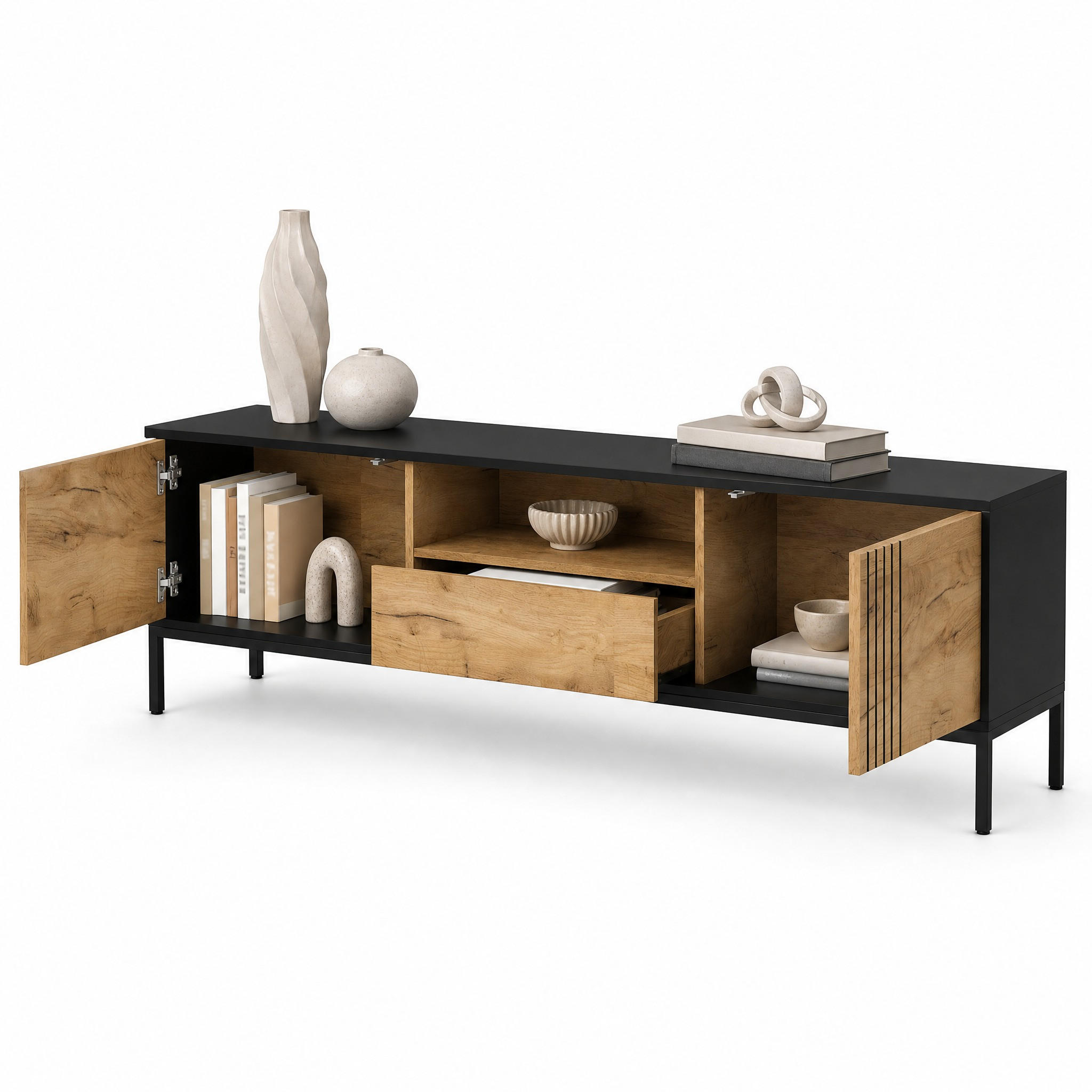 STILVORA TV STOLEK přírodní barva se 2 skříňkami a zásuvkou, pro televizory do 70", 170 × 35 × 50 cm