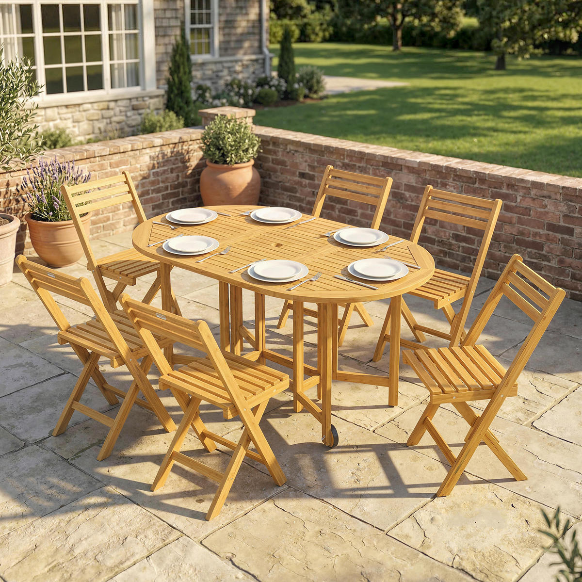 GARTENMÖBEL SET 7-teilig DE-09901 ausziehbar mit Schirmloch Naturholz - Naturfarben, Holz - ComfortXL
