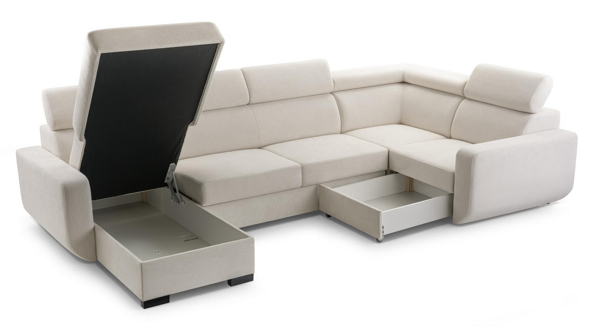 WOHNLANDSCHAFT CASTELLO Beige Plüsch-Stoff mit Schlaffunktion - Beige, Holz (337/97/184cm) - MASSENO