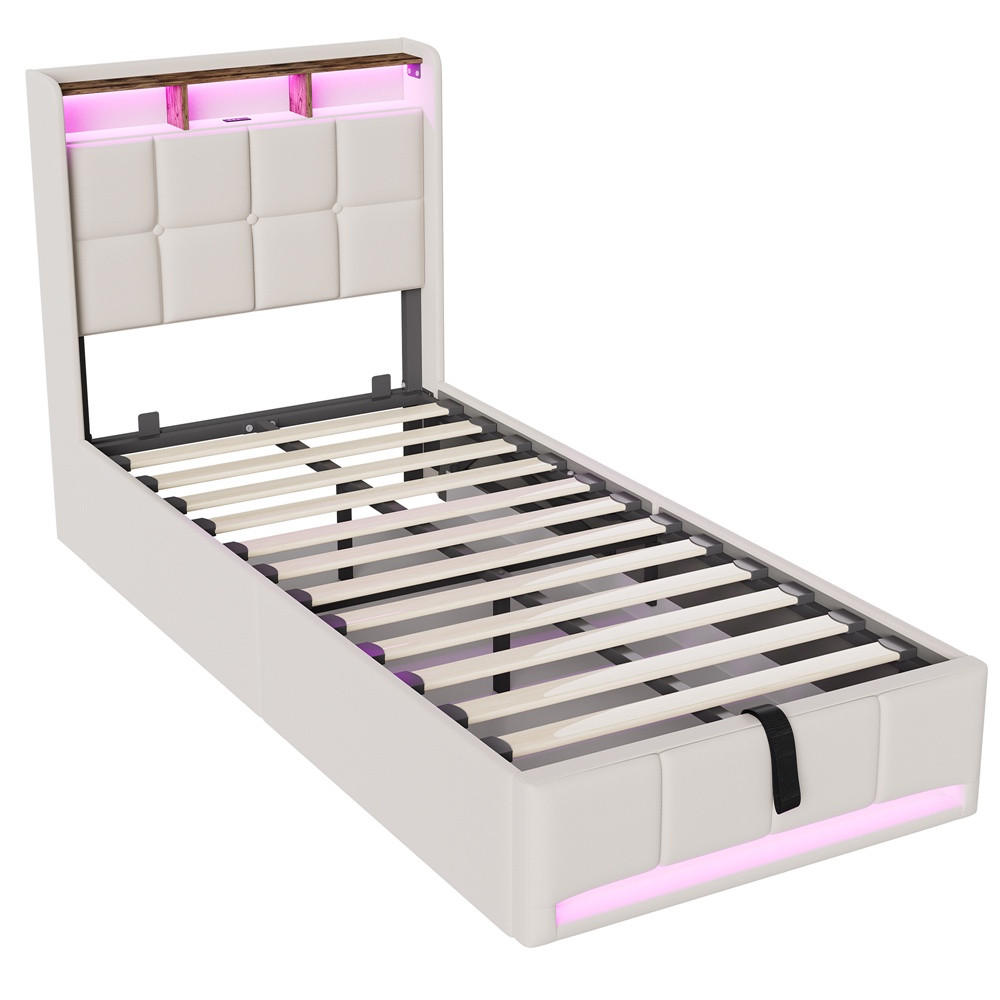 POLSTERBETT 90x200 cm mit LED-Beleuchtung und hydraulischem Stauraum - ohne Matratze - Beige - Beige, Textil (90/200cm) - DELFA