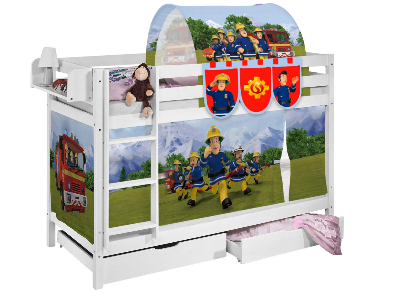 ETAGENBETT JELLE 90x200 cm Feuerwehrmann SAM - Hochbett - inkl. Vorhang und 2 Lattenrosten - Weiß, Holz - Lilokids