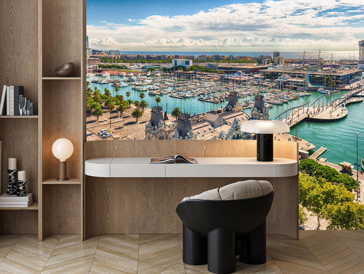 FOTOTAPETE für Wohnzimmer Barcelona Hafen Boote Denkmäler 350x256 - Türkis/Beige, Papier (350/256cm) - Muralo