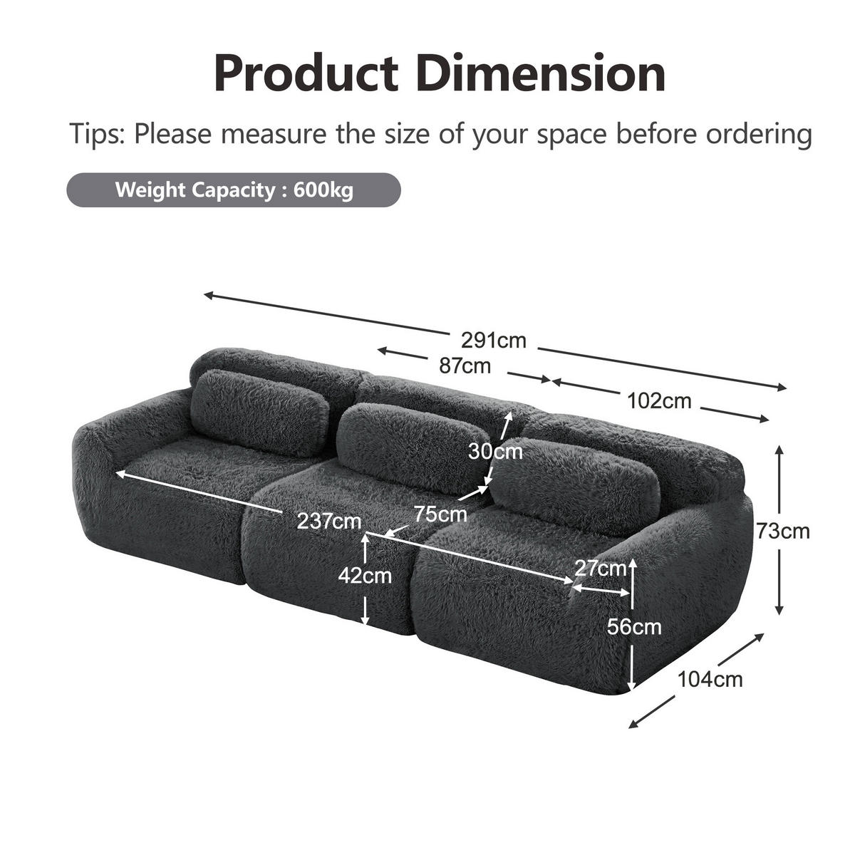 SOFA modular 3-Sitzer Plüsch Grey - Grau, Textil (291/73/104cm) - IVMEU