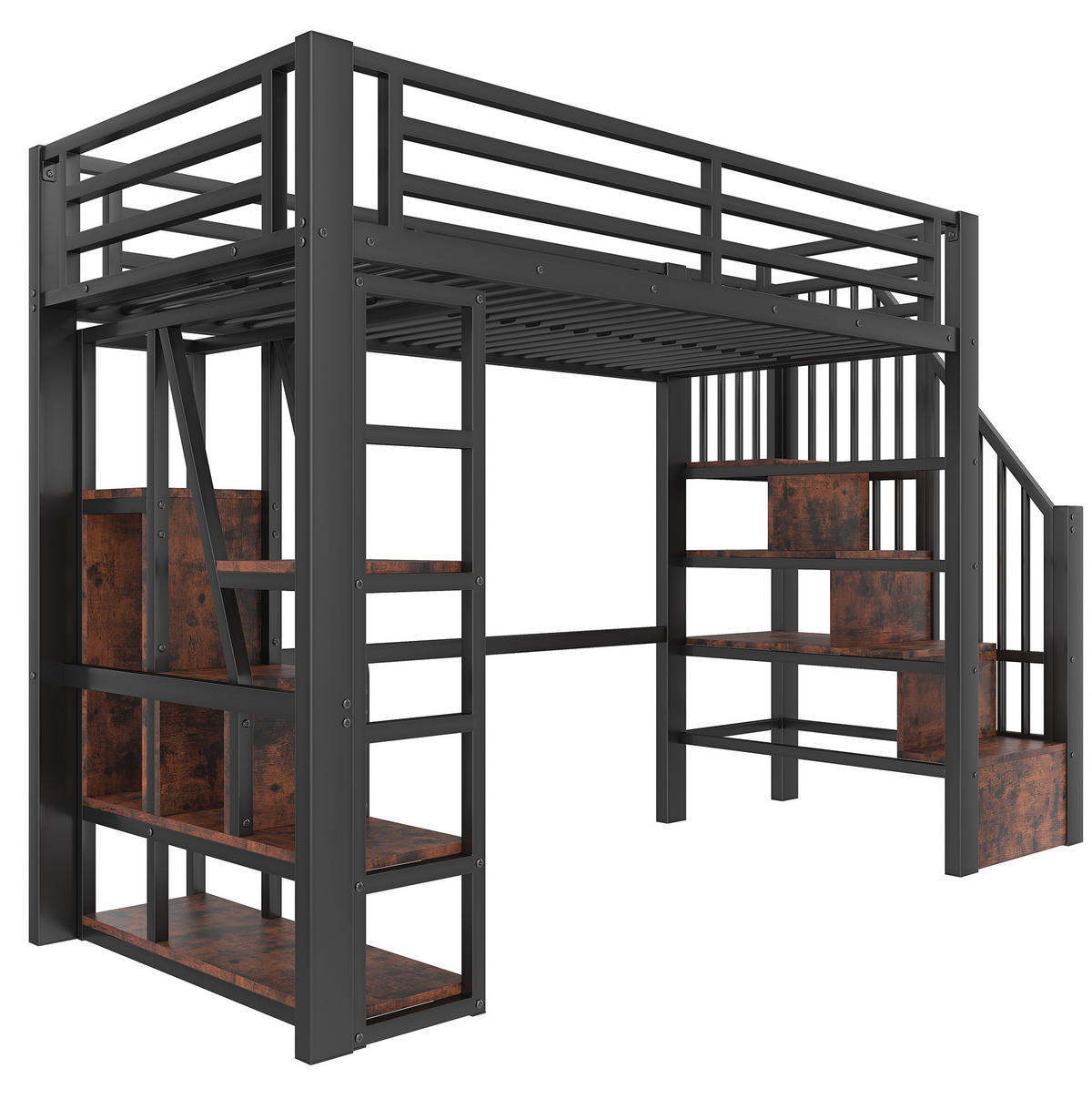 HOCHBETT 90/200 cm aus Metall und MDF mit LED-Lichtleiste, Stauraumstufen und Schutzgeländer, Schwarz - Schwarz, Holzwerkstoff (90/200cm) - Redom