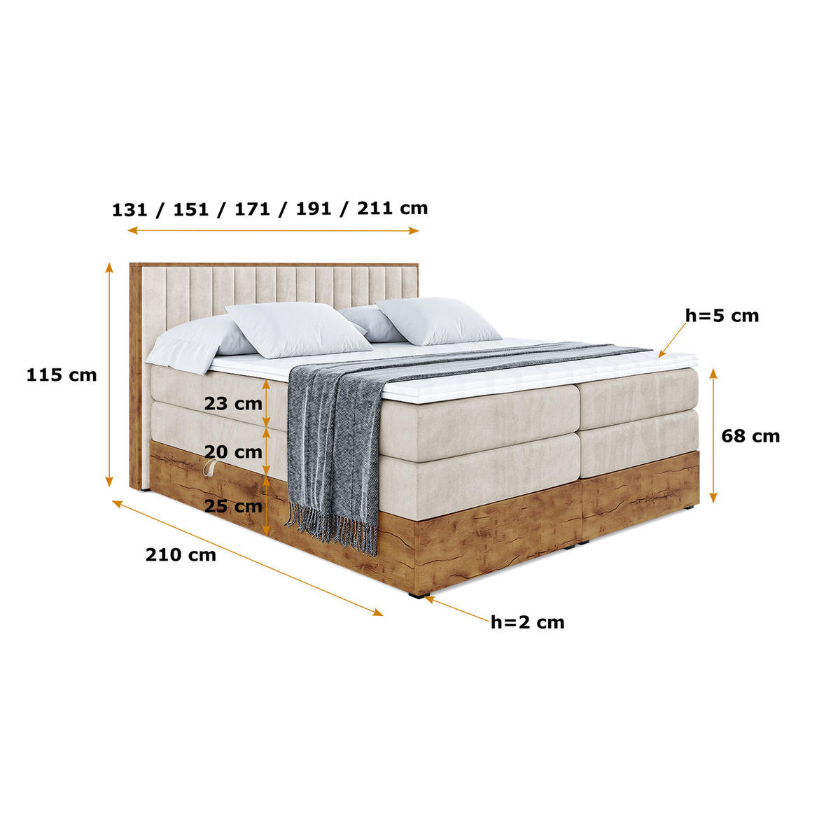BOXSPRINGBETT mit Matratze H3|H4 und Lattenrost - LOLLI4 KING-160x200 - Beige Casablanca - Beige, Holzwerkstoff (160/200cm) - ALTDECOR