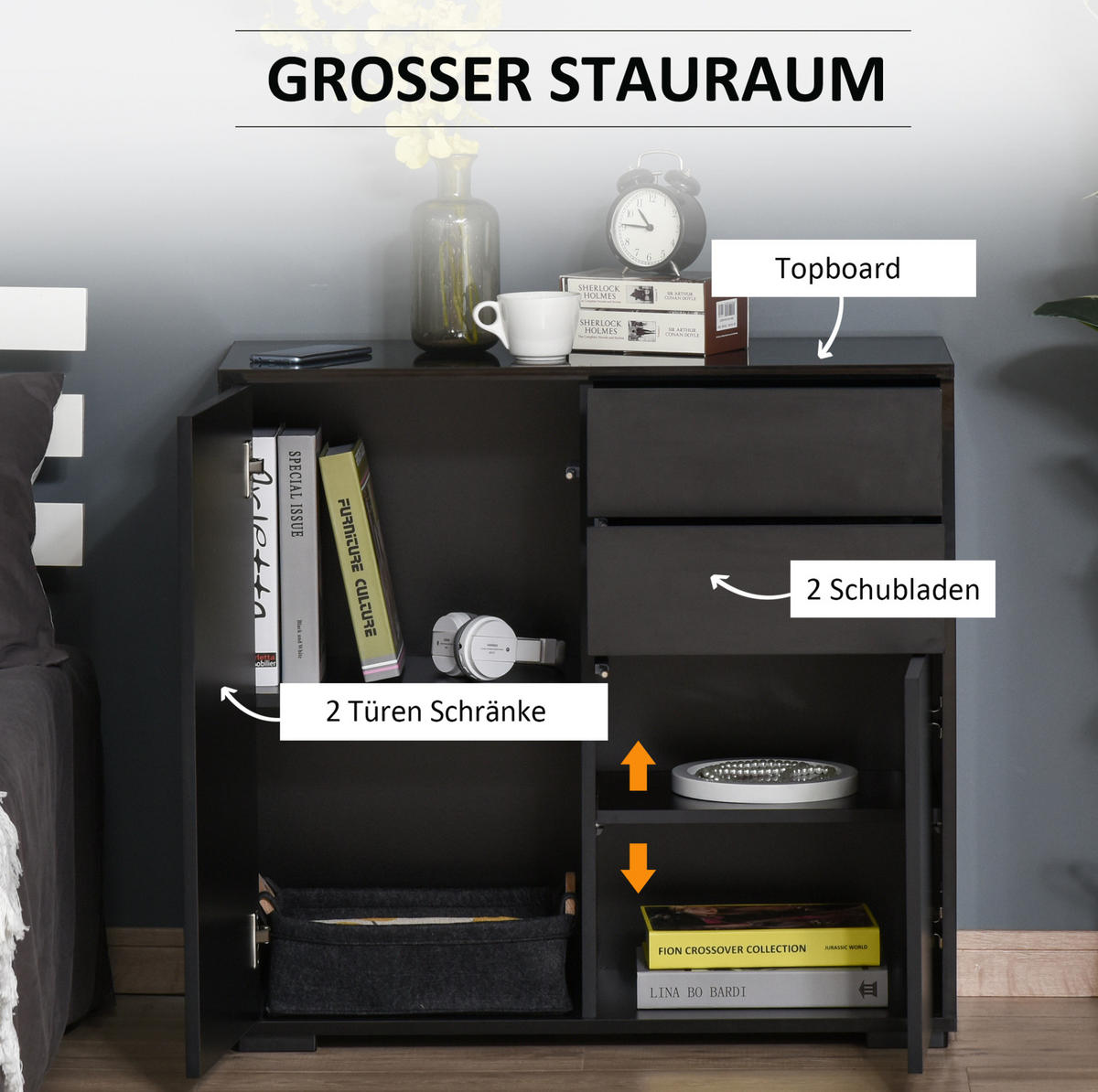 SIDEBOARD 36/79/74 cm schwarz aus Holzwerkstoff mit verstellbarem Regal - Schwarz, Holzwerkstoff (79/74/36cm) - OKWISH