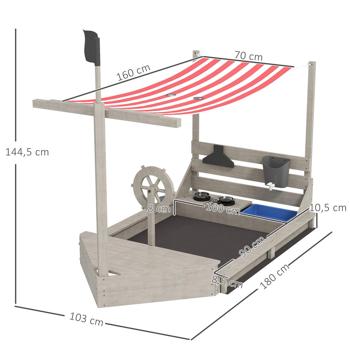 SANDKASTEN Sandkiste groß mit Abdeckung im Schiff Design Matschekiste aus Holz - Grau, Holz (180/103/144.5cm) - Outsunny