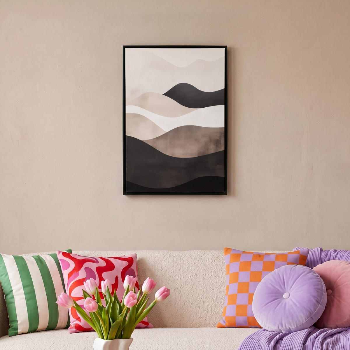 LEINWAND Bilder mit Rahmen - Abstrakt - Landschaft - Wellen - Cremefarben - 40x60 - Cappuccino, Textil (40/60cm) - MuchoWow