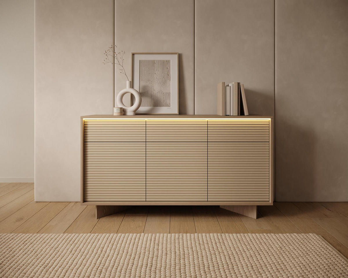 SIDEBOARD DEMI Cappuccino, Kombikommode mit Schubladen und LED-Beleuchtung - Cappuccino, Holzwerkstoff (154/84/40cm) - Bettso