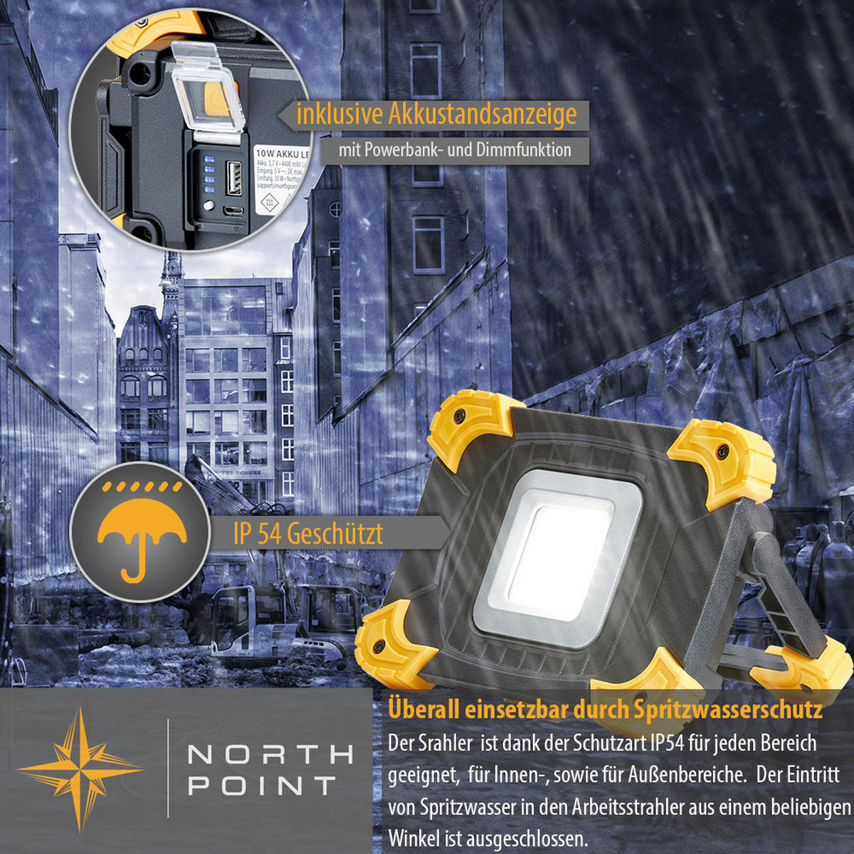 LED-AKKU-BAUSTRAHLER - dimmbar mit 1100 Lumen, IP54 und Powerbankfunktion für Outdoor-Einsatz, 2er-Set - Schwarz, Kunststoff (4.7/16/11.5cm) - Northpoint
