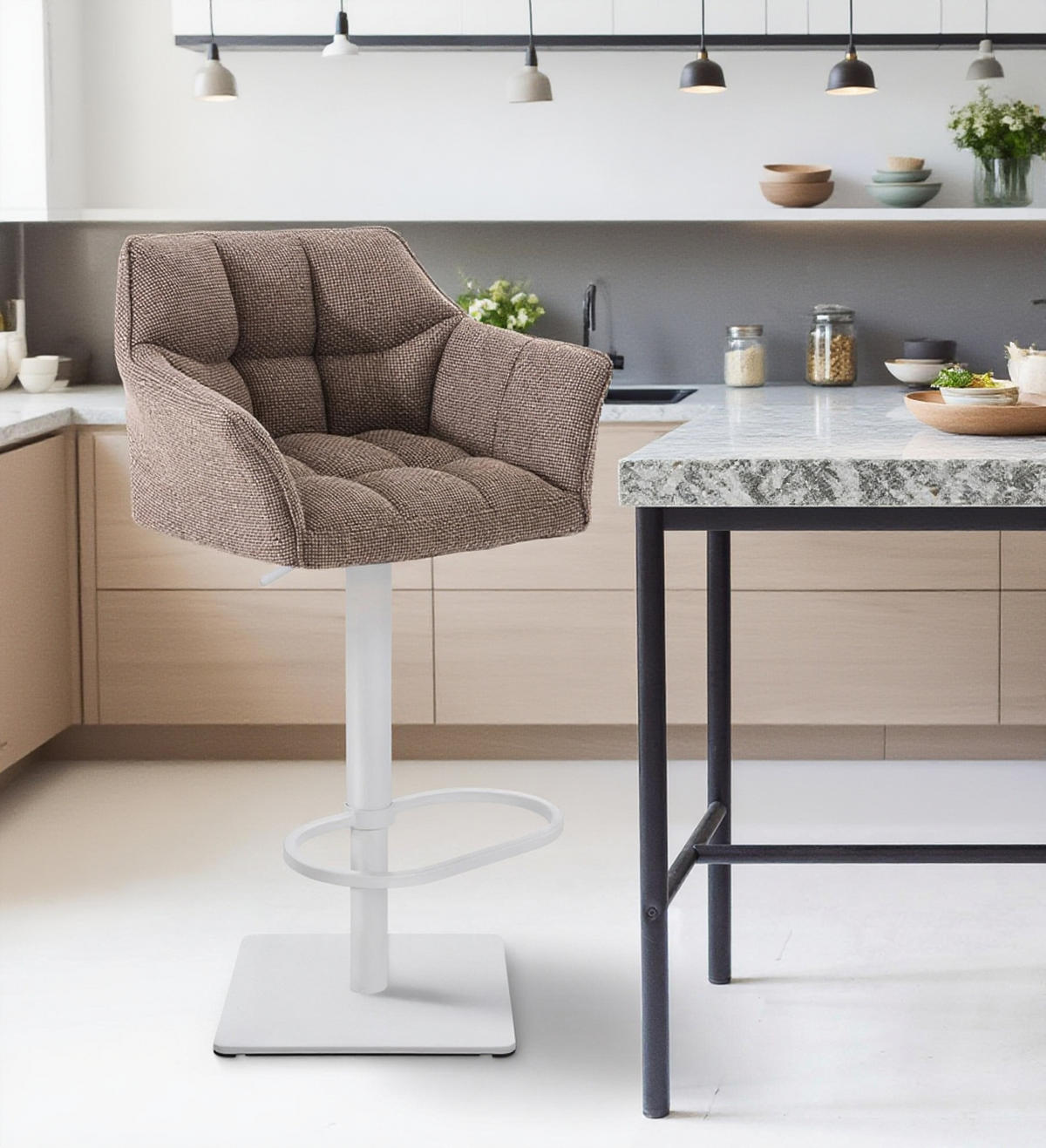 BARHOCKER 2er Set Damaskus Stoff weiß terrabraun - Braun/Weiß, Textil/Metall (64/110/48cm) - TPFLiving