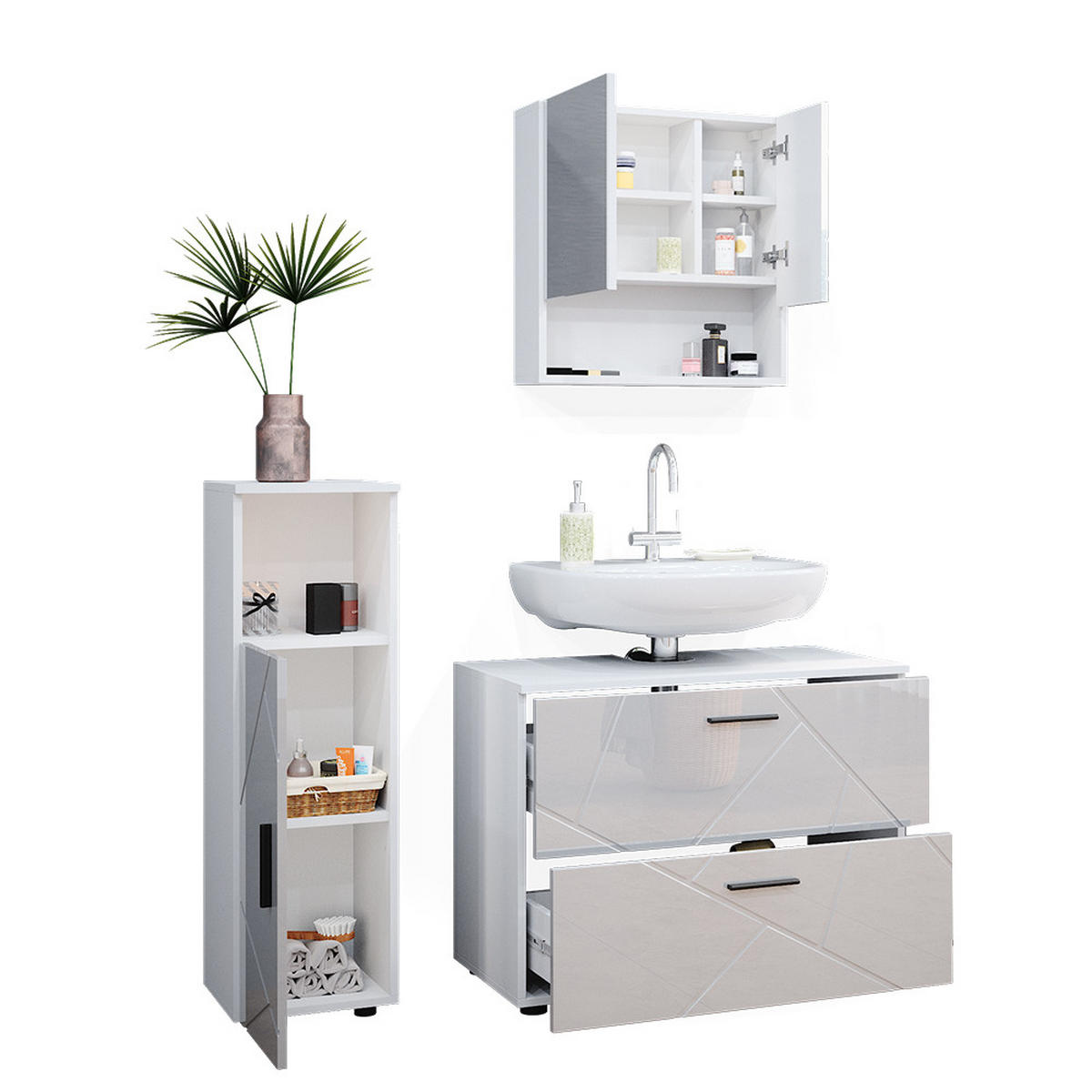 BADMÖBEL-SET Irma Weiß Hochglanz 3 Teile, mit Midischrank - Weiß Hochglanz/Weiß, Holzwerkstoff (80/58.6/41cm) - Vicco