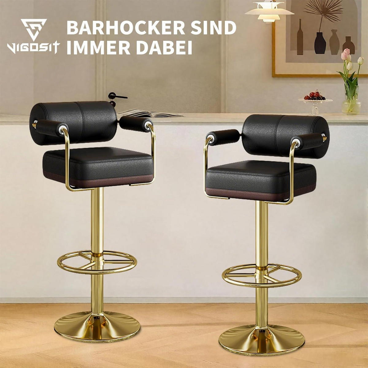 BARHOCKER Set Höhenverstellbar mit Lehne & Armlehne Schwarz - Multicolor, Metall (54/33.5/54cm)