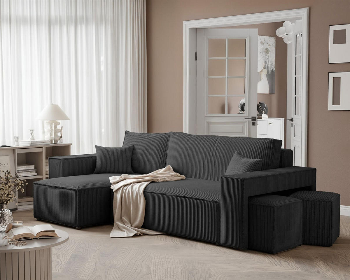 ECKSOFA Adara Inkl. Hocker - Schwarz, Holzwerkstoff/Textil (262/145cm) - Fun Möbel