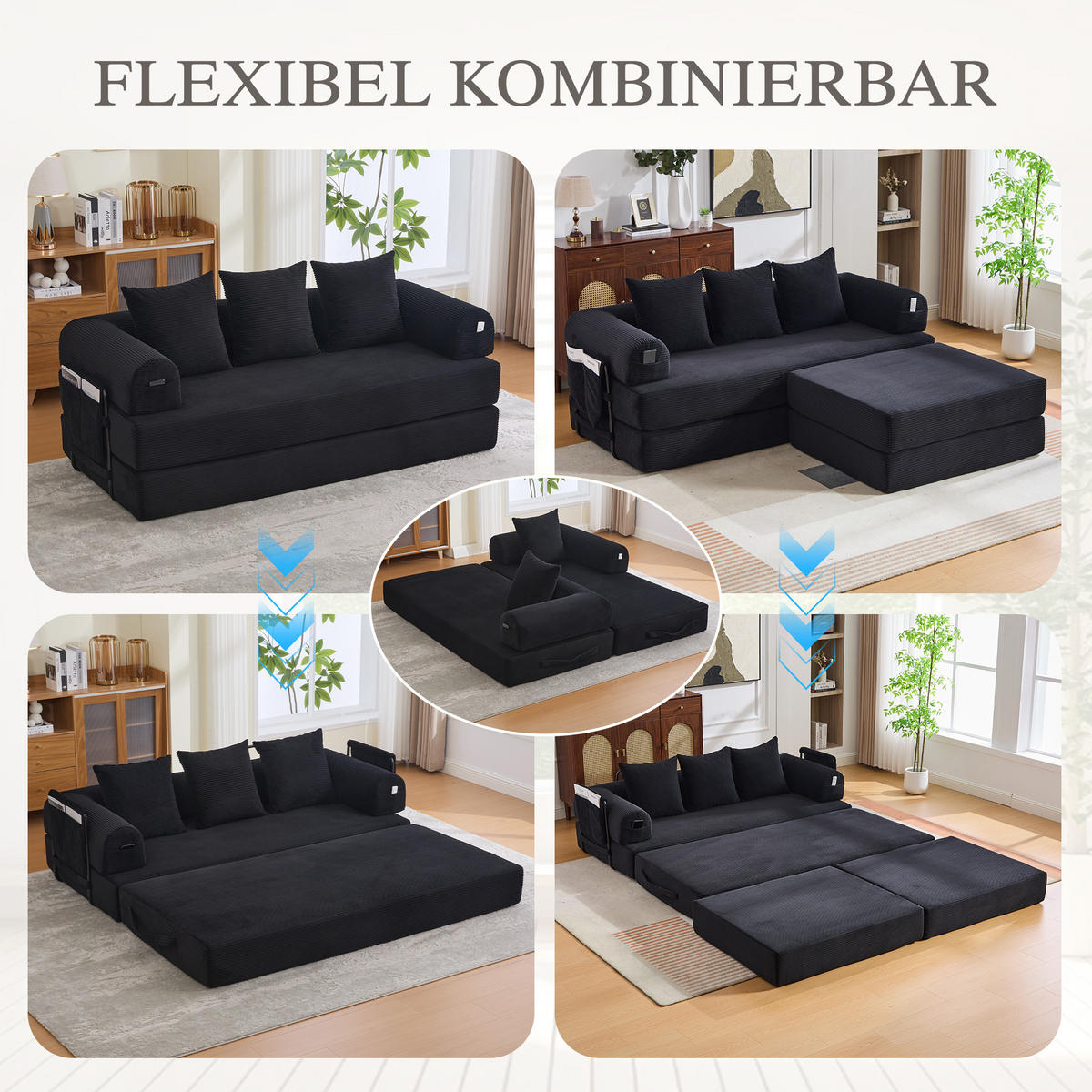 ECKSOFA Cord Schwarz mit Seitentasche und 3 Kissen - Schwarz, Textil/Metall (218/285cm) - WISHDOR