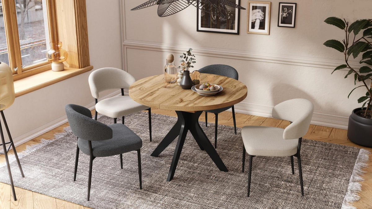 ESSTISCH rund Eiche Wotan - Schwarz ausziehbar - Eiche Wotan/Schwarz, Holzwerkstoff (110/110/77cm) - designimpex