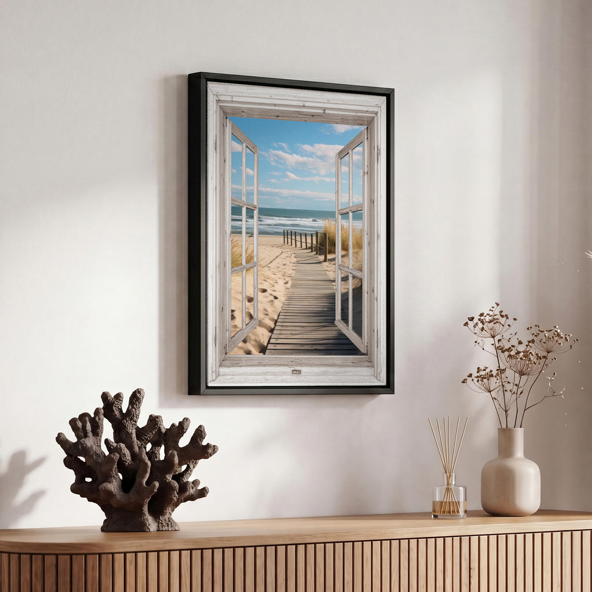 LEINWAND Bilder mit Rahmen - Fenster - Meer - Küste - Natur - Ausblick - Strand - Wattenmeer - 20x30 - Beige, Textil (20/30cm) - MuchoWow