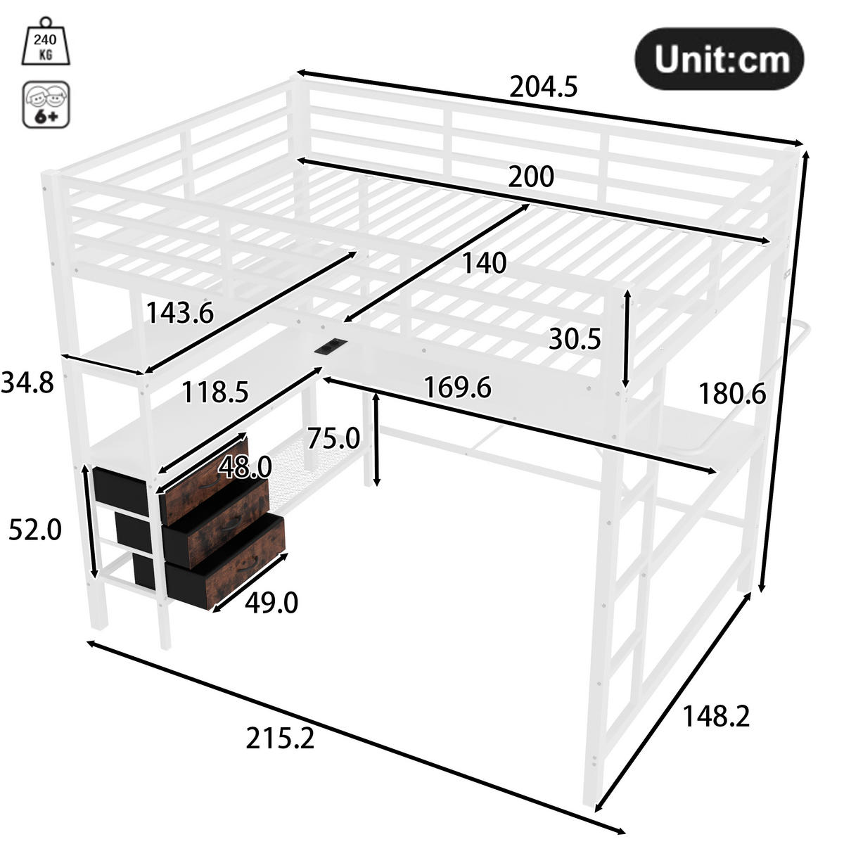HOCHBETT 140/200 cm Weiß mit LED-Beleuchtung mit Schreibtisch mit Steckdose + USB mit 3 Schubladen - Weiß, Metall (140/200cm) - OKWISH
