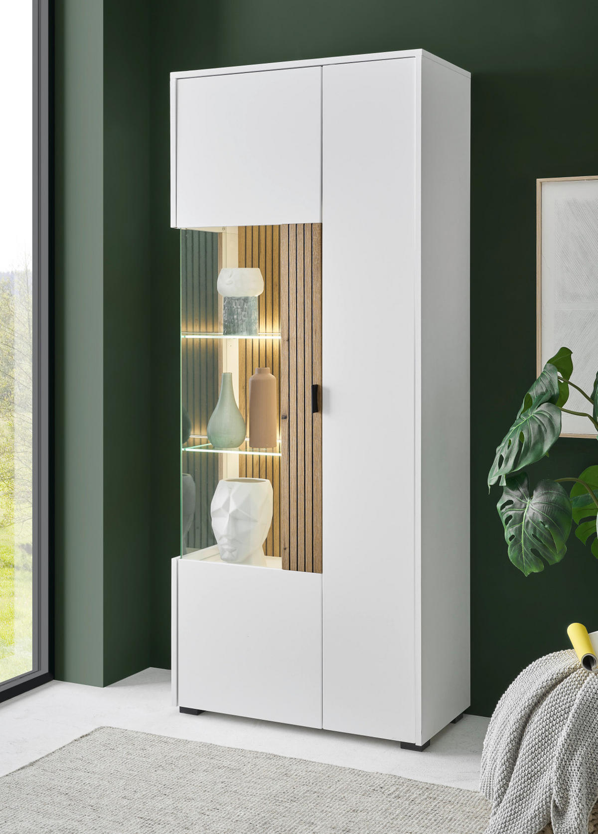 VITRINE weiß matt, Eiche 75 x 180 cm, Vitrinenschrank 10 Fächer und Soft-Close-Funktion - Eichefarben/Schwarz, Glas/Holzwerkstoff (75/180/38cm) - Furn.Design