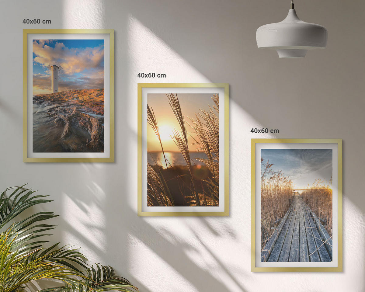 BILDER SET 3er Set - 40x60 cm Goldrahmen - Leuchtturm-Grassteg - Goldfarben, Kunststoff (40/60cm) - TULUP