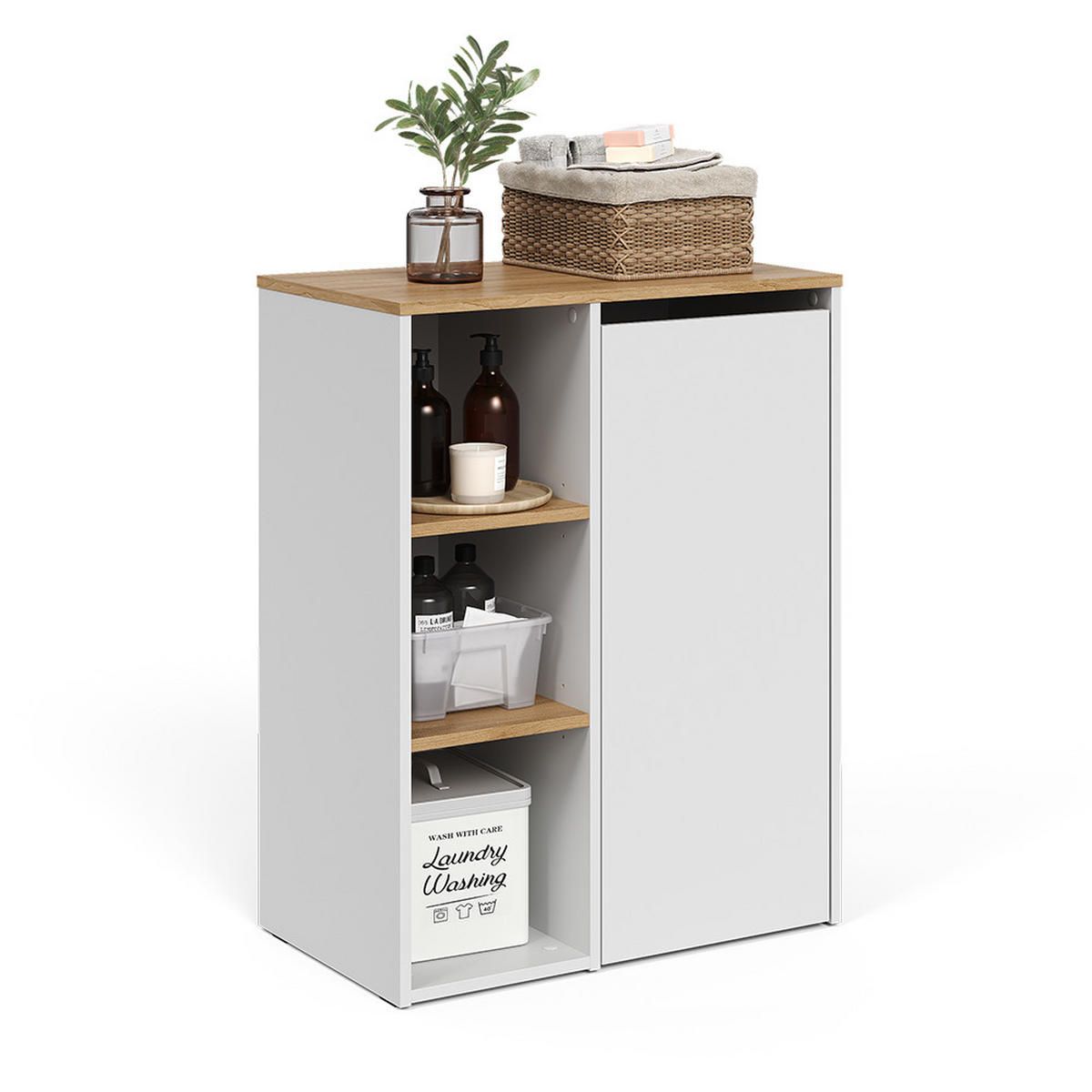 BADSCHRANK Viktor Weiß/Artisan 68 x 88.2 cm mit offenen Regalen und Wäschekorb - Weiß, Holzwerkstoff (68/88.2/40.5cm) - Vicco