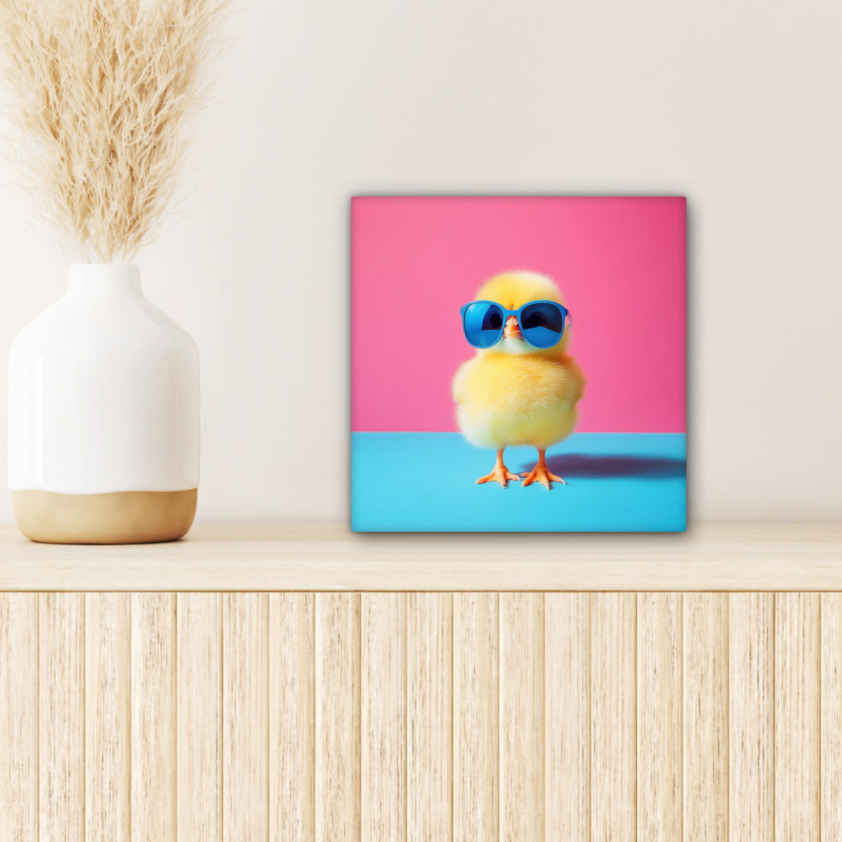 LEINWANDBILD Chick - Sonnenbrille - Blau Deko Wohnzimmer 20x20 cm - Pink/Gelb, Textil (20/20cm) - MuchoWow