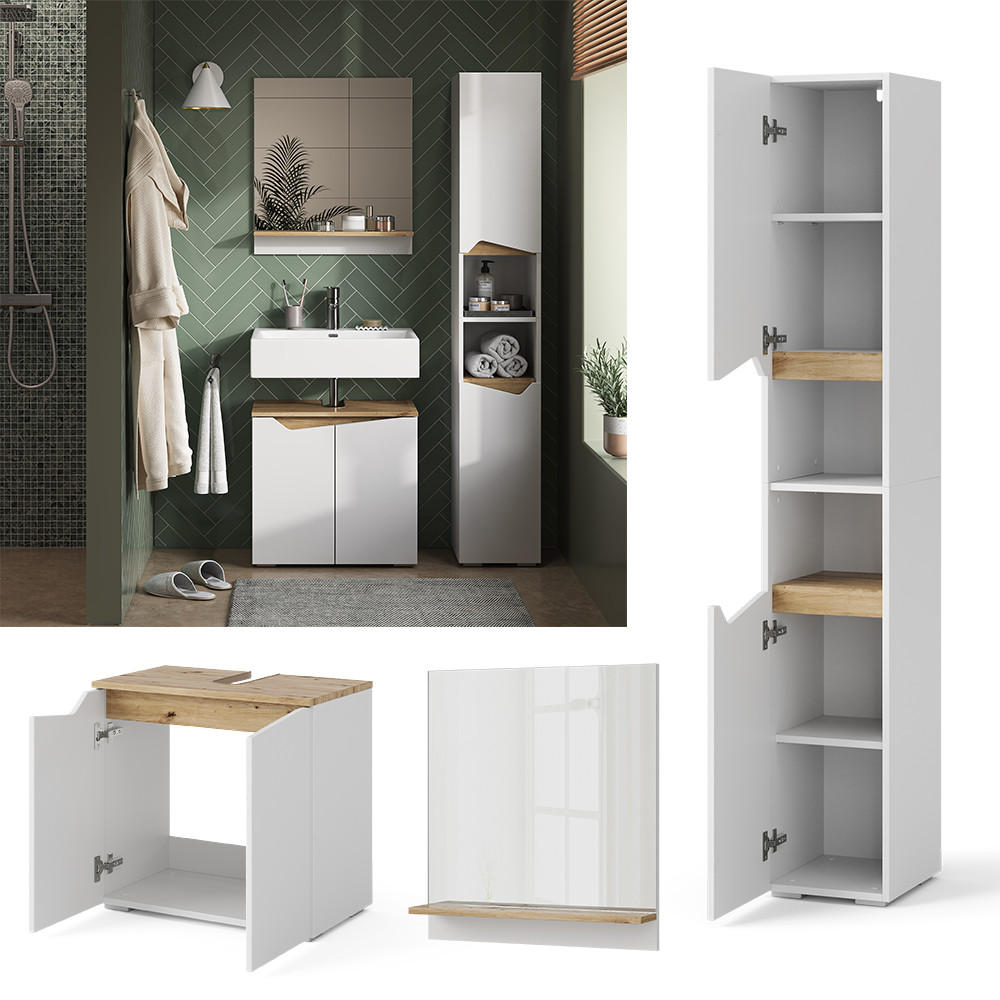 BADMÖBEL-KOMBINATION Marelle Weiß 3 Teile, mit Hochschrank - Weiß/Eiche Artisan, Holzwerkstoff (60/57/35cm) - Vicco