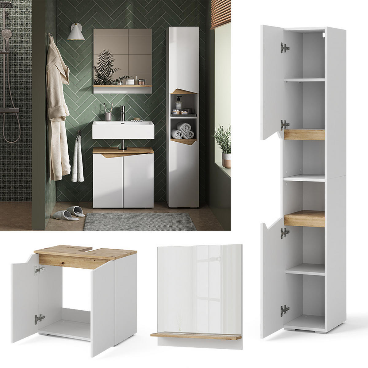 BADMÖBEL-KOMBINATION Marelle Weiß 3 Teile, mit Hochschrank - Weiß/Eiche Artisan, Holzwerkstoff (60/57/35cm) - Vicco