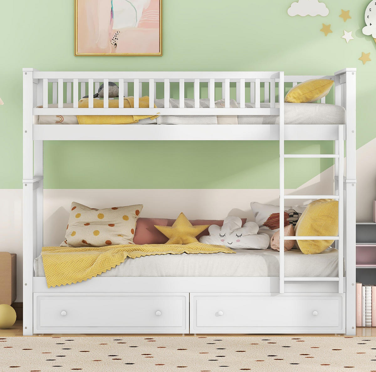 KATNI krevet od borovine 90x200 cm bijela, pretvara se u 2 kreveta s 2 ladice - bijela, drvni materijal (140/200cm) - Modfu