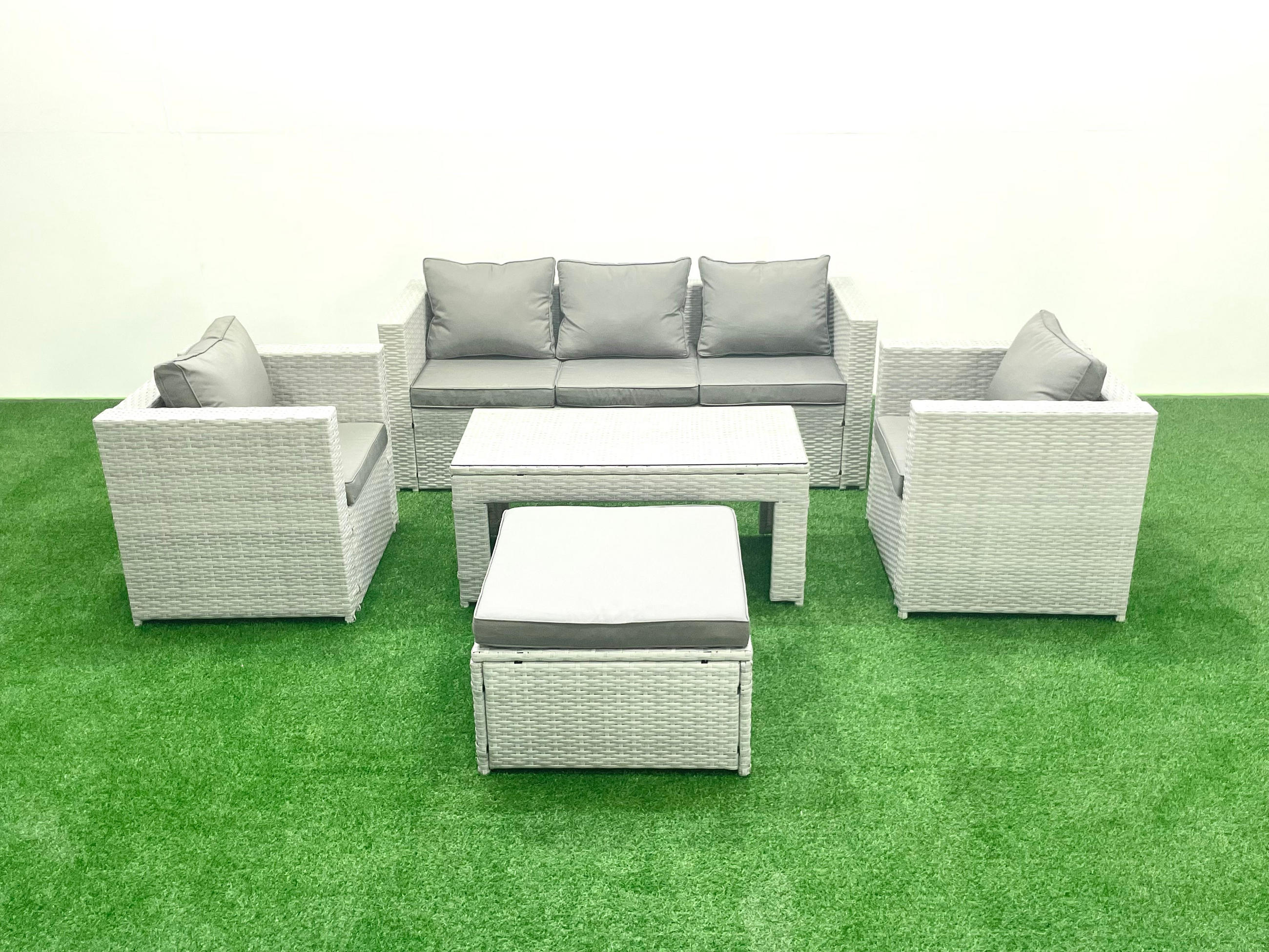GARTENSET mit 3-SITZER SOFA,COUCHTISCH Polyrattan Hellgrau-Mix 6-Sitzer - Hellgrau/Grau, Glas/Kunststoff - Fimous