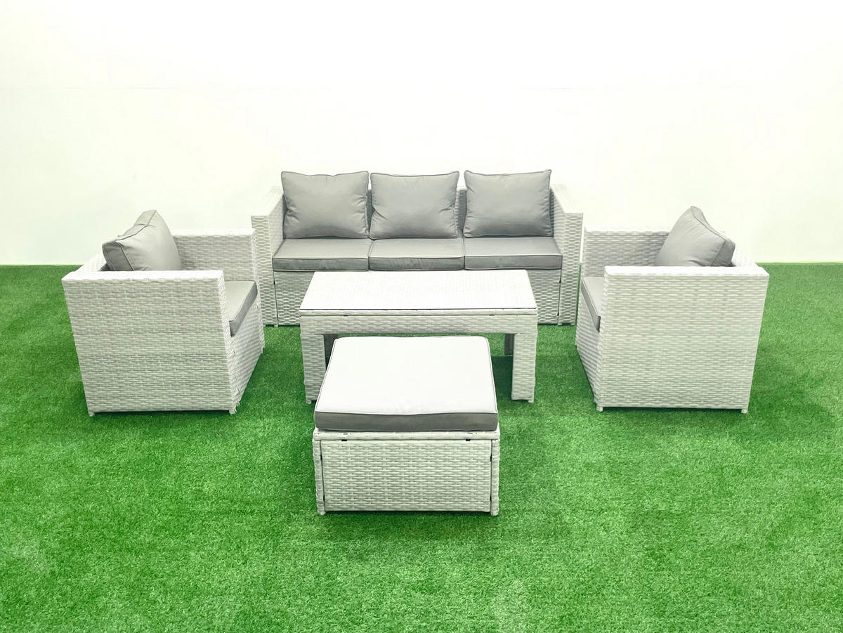 GARTENSET mit 3-SITZER SOFA,COUCHTISCH Polyrattan Hellgrau-Mix 6-Sitzer - Hellgrau/Grau, Glas/Kunststoff - Fimous